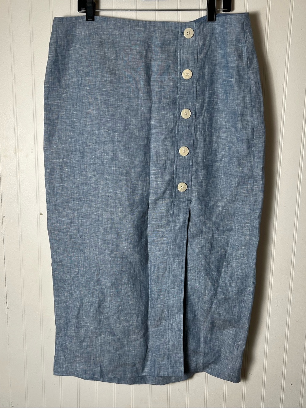 LOFT Chambray Button Midi Skirt | Sky Blue Linen | Size 14